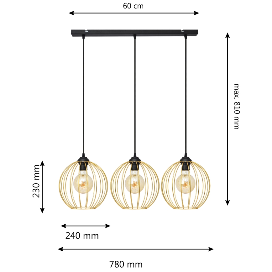 Κρεμαστό φωτιστικό οροφής ράγα MERCURE 3xE27/15W/230V χρυσαφί/μαύρο