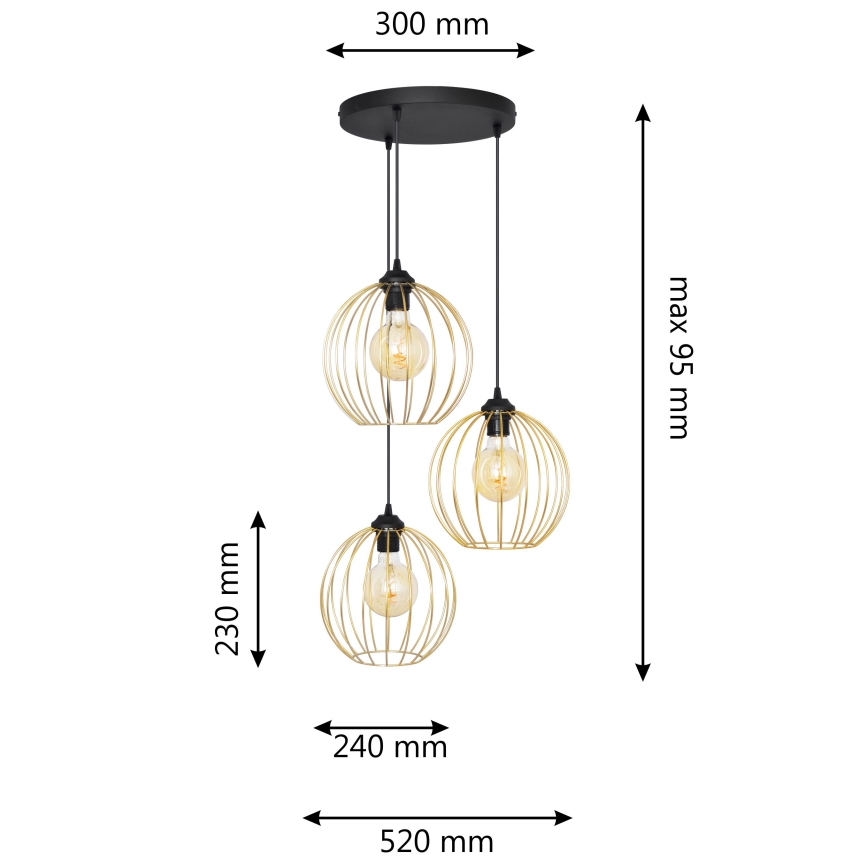 Κρεμαστό φωτιστικό οροφής τρίφωτο MERCURE 3xE27/15W/230V χρυσαφί/μαύρο
