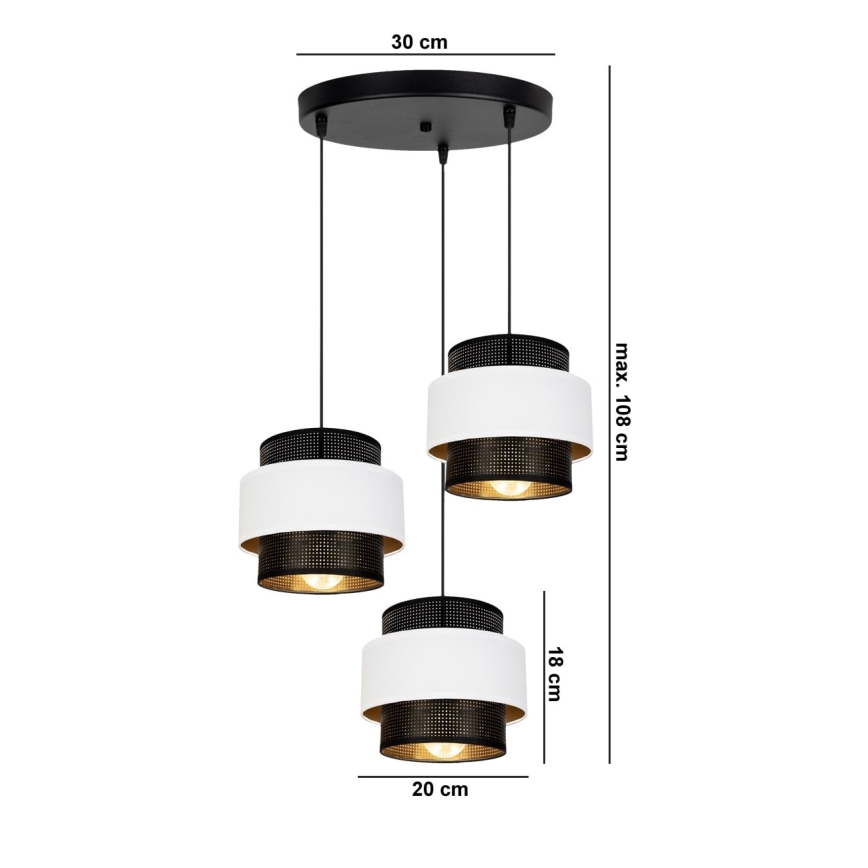 Κρεμαστό φωτιστικό οροφής τρίφωτο NESS 3xE27/60W/230V διάμετρος 45 cm μαύρο/λευκό
