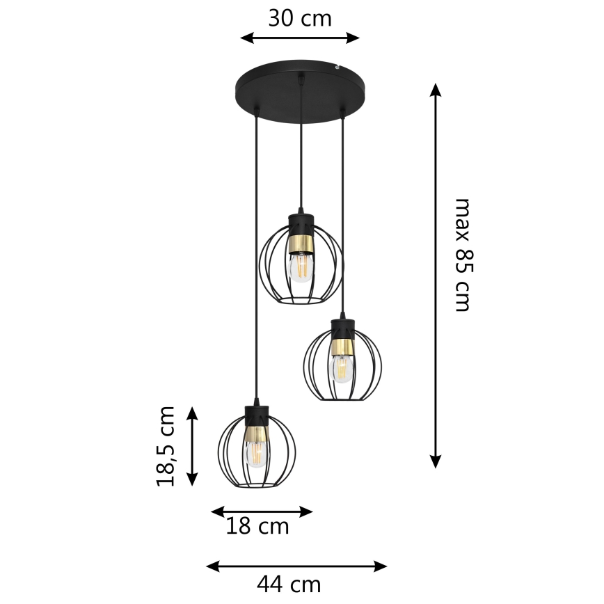 Κρεμαστό φωτιστικό οροφής τρίφωτο  STARLIGHT 3xE27/15W/230V μαύρο/χρυσαφί