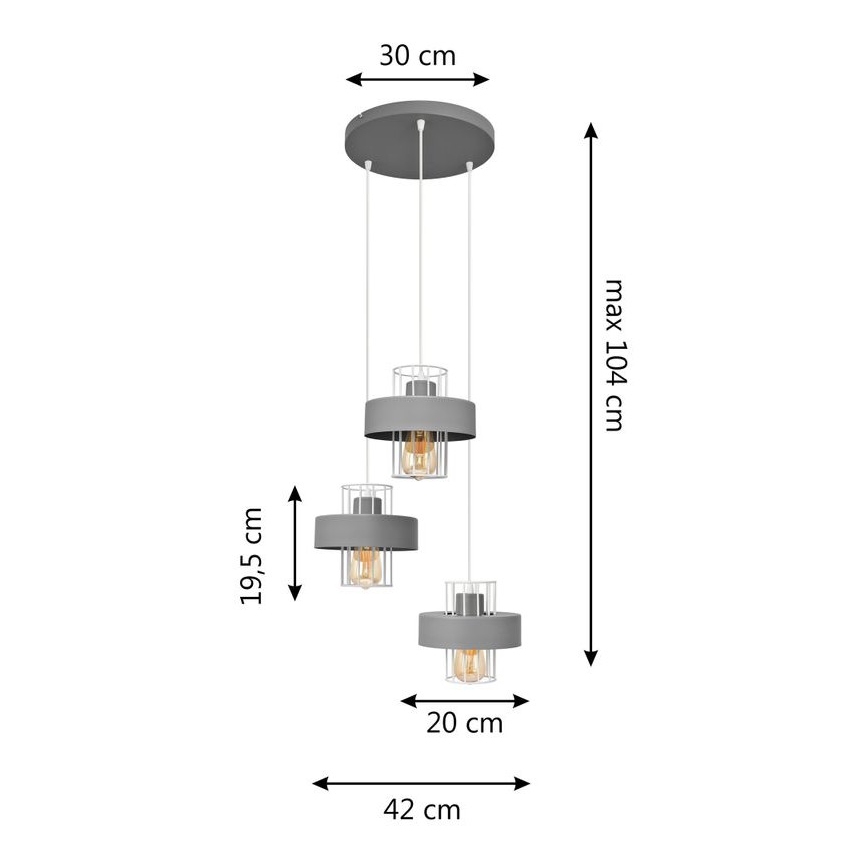 Κρεμαστό φωτιστικό οροφής τρίφωτο VOLTA 3xE27/15W/230V διάμετρος 42 cm γκρι