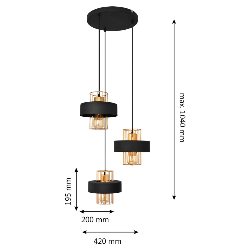 Κρεμαστό φωτιστικό οροφής τρίφωτο VOLTA 3xE27/15W/230V μαύρο/χρυσό