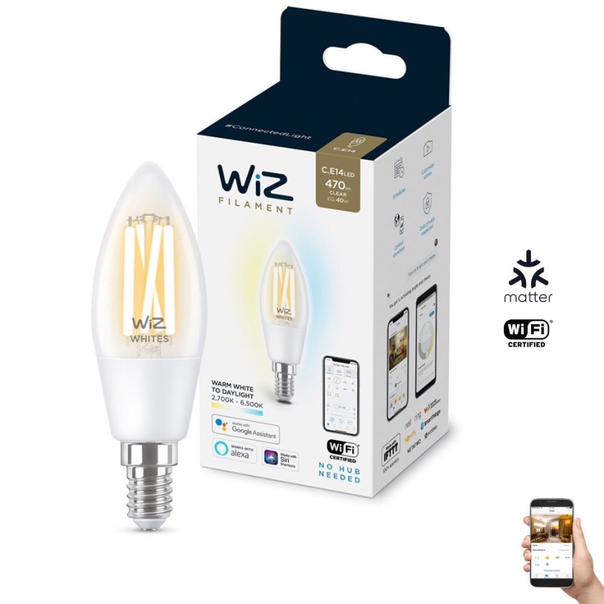 Λάμπα LED Dimmable FILAMENT C35 E14/4,9W/230V 2700-6500K CRI 90 Wi-Fi - WiZ