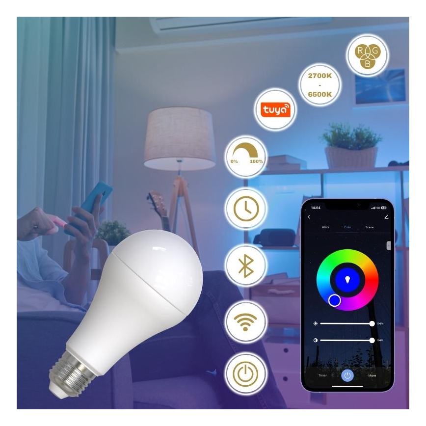Λάμπα LED RGBW Dimmable A60 E27/15W/230V 2700-6500K Wi-Fi Tuya