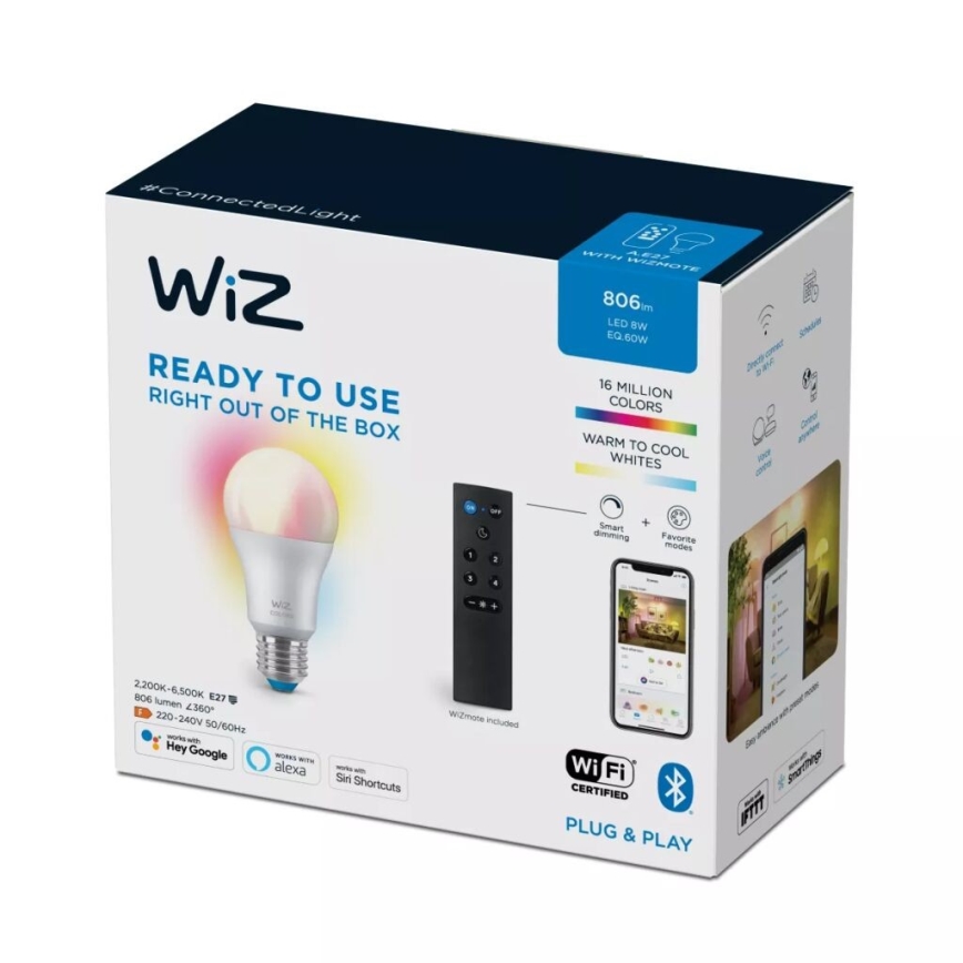 Λάμπα LED RGBW Dimmable A60 E27/8,5W/230V 2200-6500K  CRI 90 Wi-Fi + τηλεχειριστήριο - WiZ