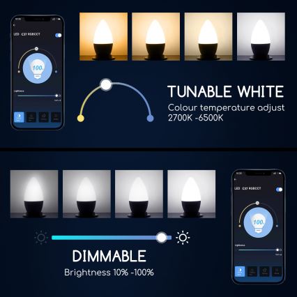 Λάμπα LED RGBW Dimmable C37 E27/5W/230V 3000-6500K Wi-Fi - Aigostar