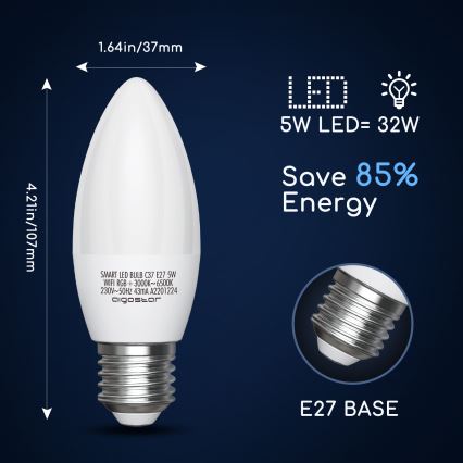 Λάμπα LED RGBW Dimmable C37 E27/5W/230V 3000-6500K Wi-Fi - Aigostar