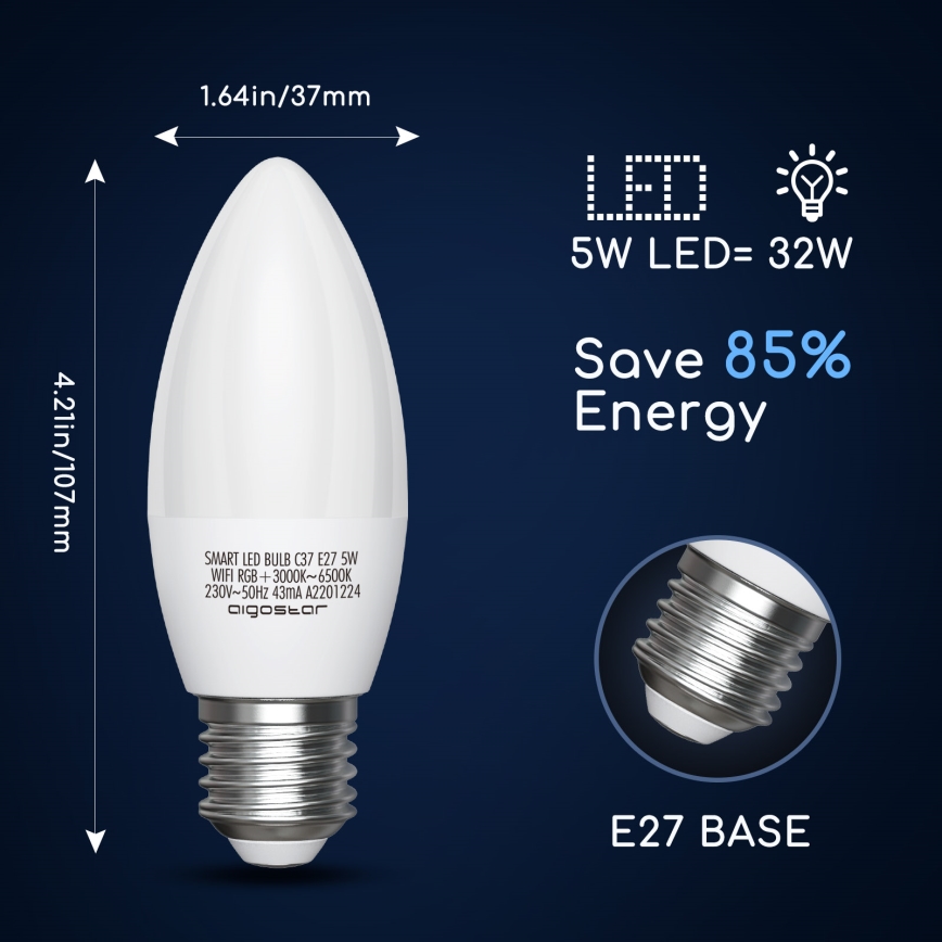 Λάμπα LED RGBW Dimmable C37 E27/5W/230V 3000-6500K Wi-Fi - Aigostar