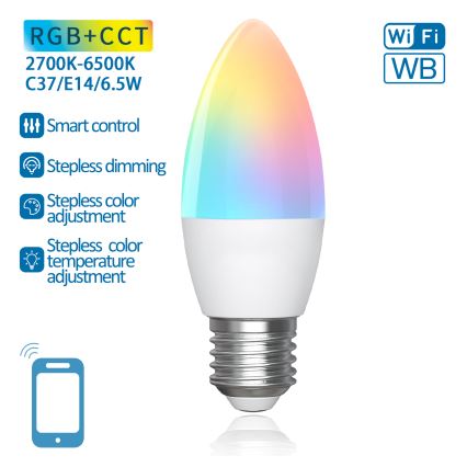 Λάμπα LED RGBW Dimmable C37 E27/6,5W/230V 2700-6500K Wi-Fi - Aigostar