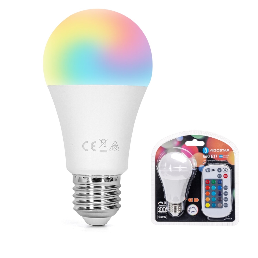 Λάμπα LED RGBW Dimmable E27/8W/230V 3000K + τηλεχειριστήριο - Aigostar