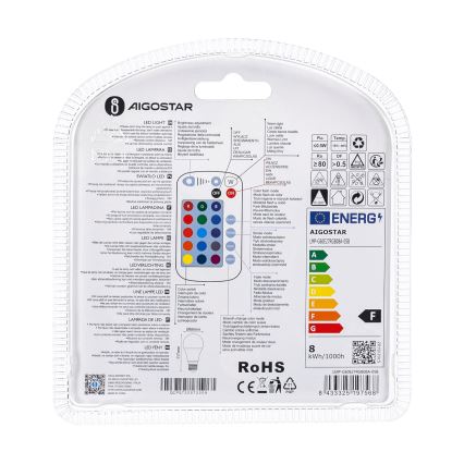 Λάμπα LED RGBW Dimmable E27/8W/230V 3000K + τηλεχειριστήριο - Aigostar