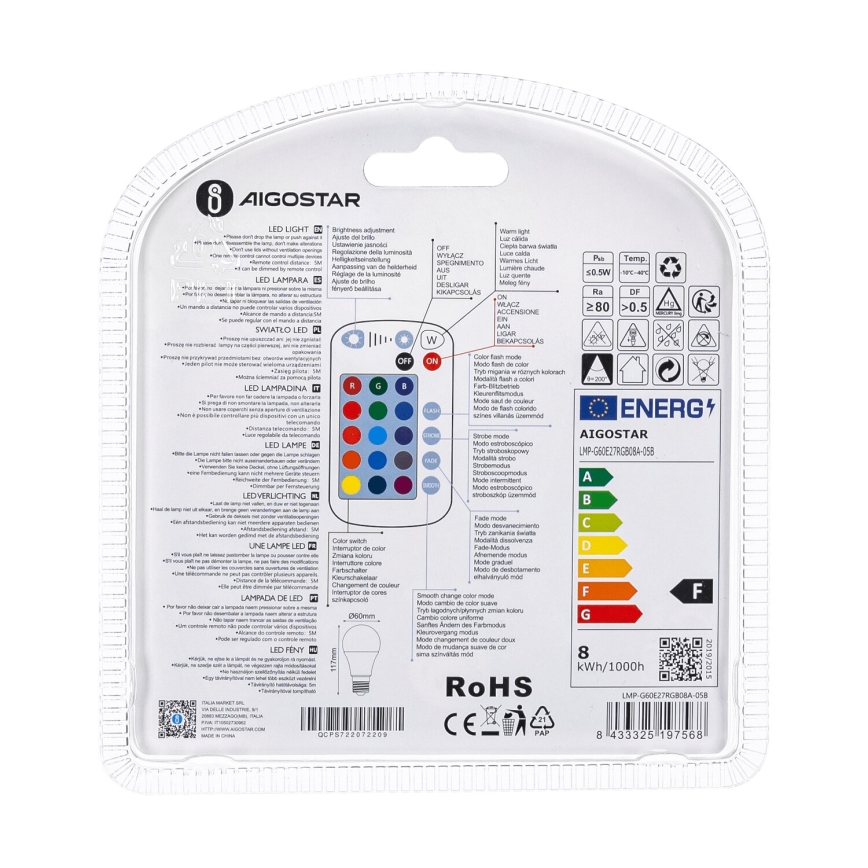 Λάμπα LED RGBW Dimmable E27/8W/230V 3000K + τηλεχειριστήριο - Aigostar