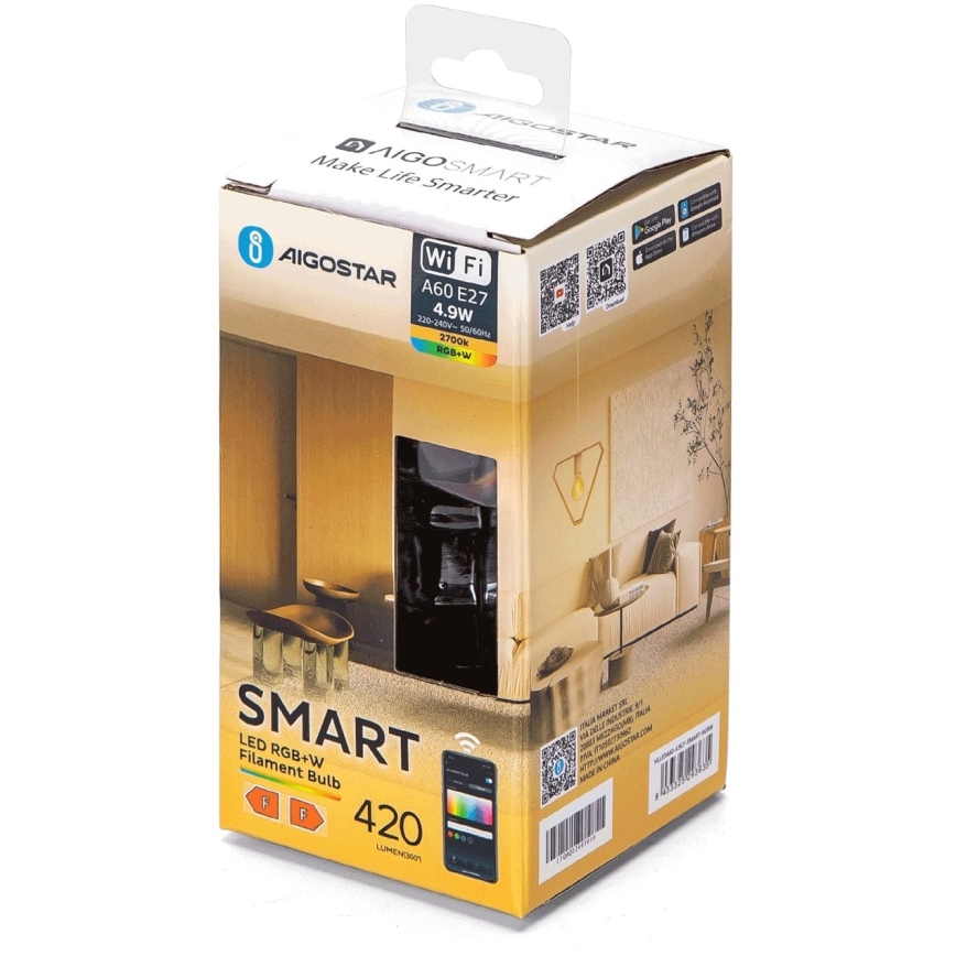 Λάμπα LED RGBW Dimmable FILAMENT A60 E27/4,9W/230V 2700K Wi-Fi - Aigostar