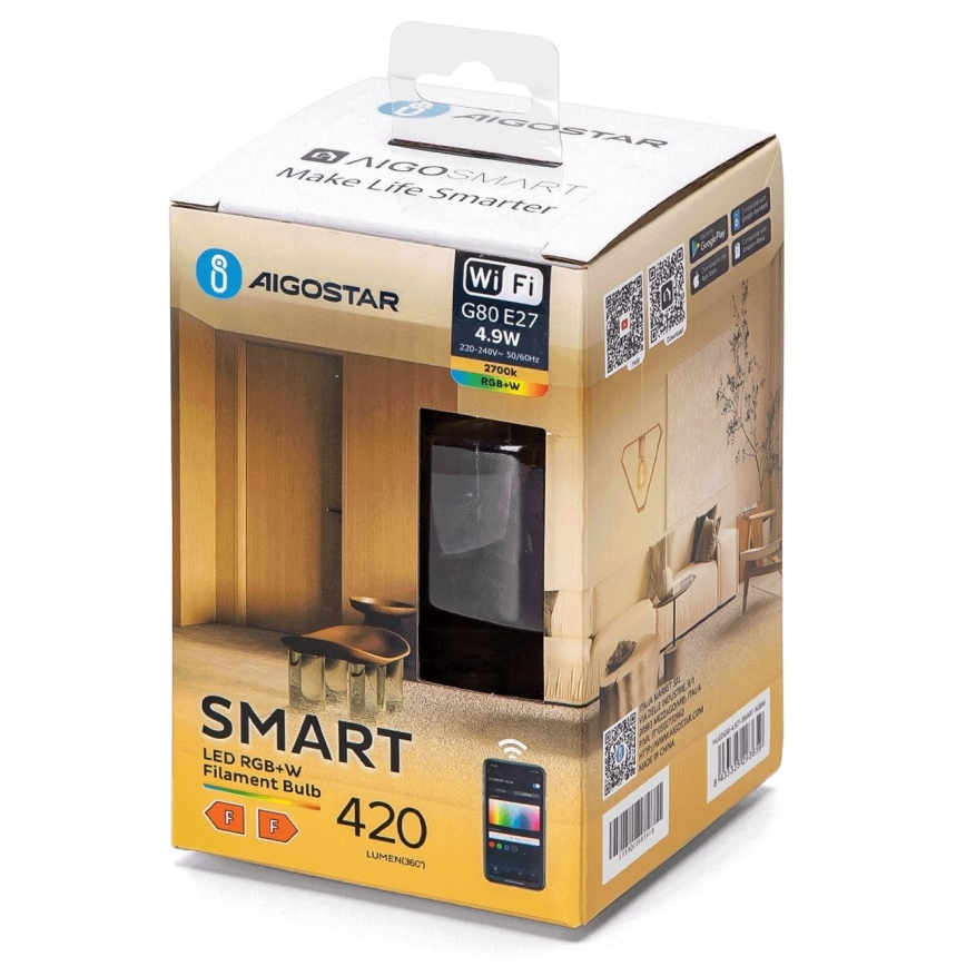 Λάμπα LED RGBW Dimmable FILAMENT G80 E27/4,9W/230V 2700K Wi-Fi - Aigostar
