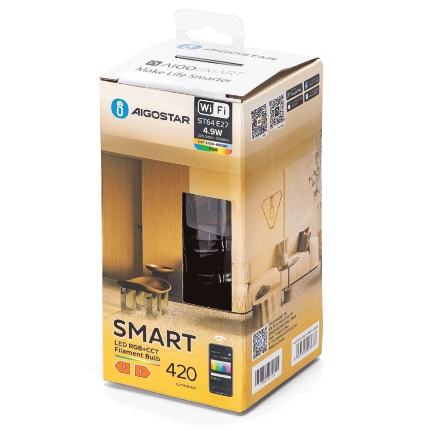 Λάμπα LED RGBW Dimmable FILAMENT ST64 E27/4,9W/230V 2700-6500K Wi-Fi - Aigostar
