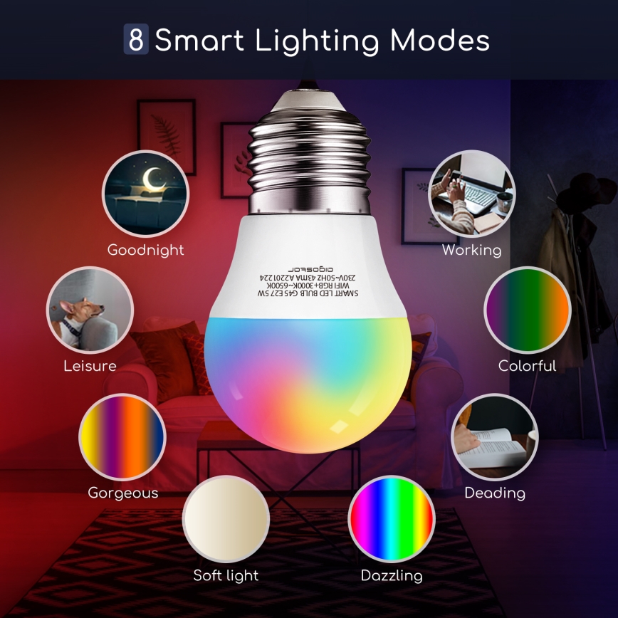 Λάμπα LED RGBW Dimmable G45 E27/5W/230V 3000-6500K Wi-Fi - Aigostar