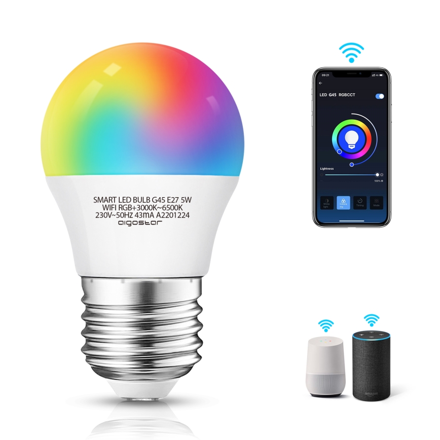 Λάμπα LED RGBW Dimmable G45 E27/5W/230V 3000-6500K Wi-Fi - Aigostar