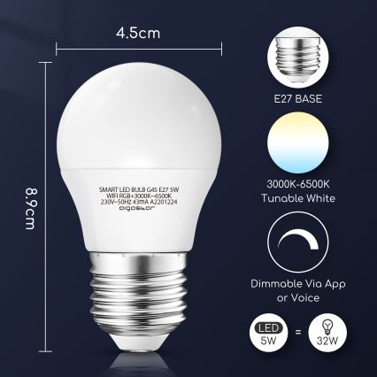 Λάμπα LED RGBW Dimmable G45 E27/5W/230V 3000-6500K Wi-Fi - Aigostar