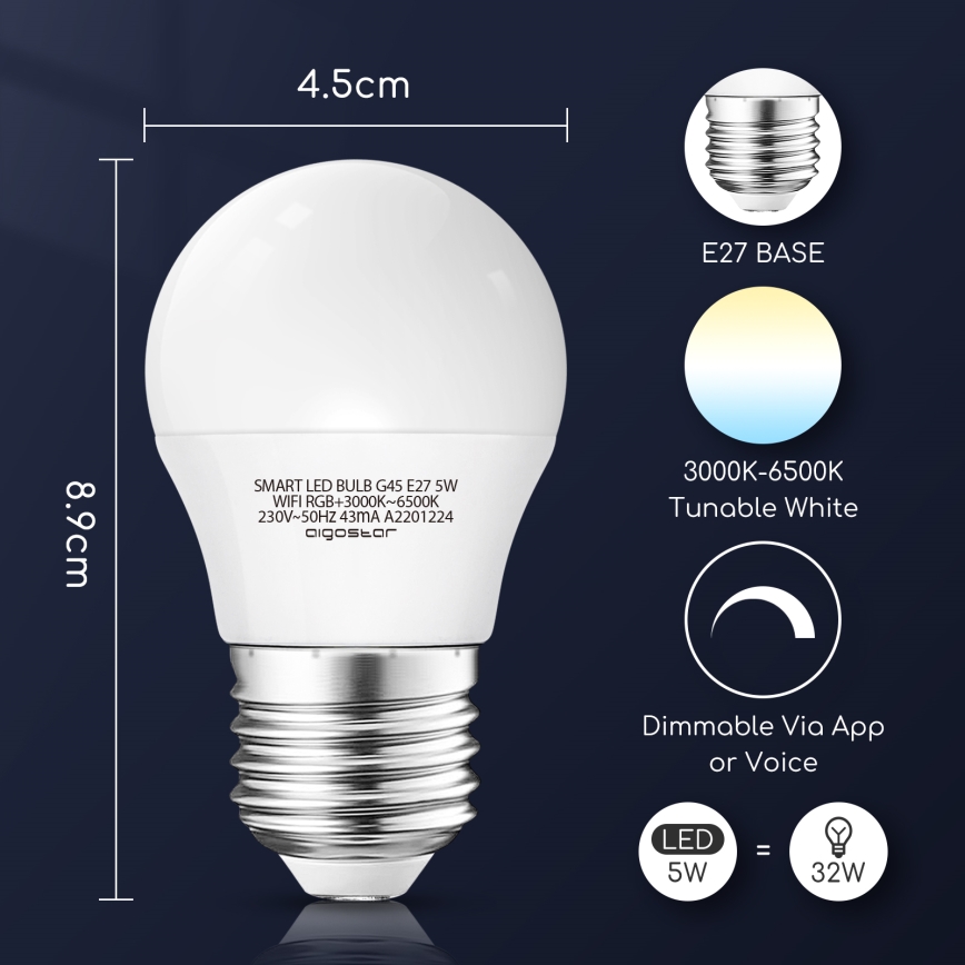 Λάμπα LED RGBW Dimmable G45 E27/5W/230V 3000-6500K Wi-Fi - Aigostar