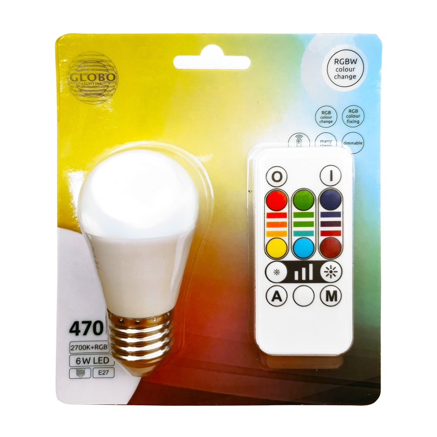 Λάμπα LED RGBW Dimmable E27/6W/230V 3000K + τηλεχειριστήριο - Globo