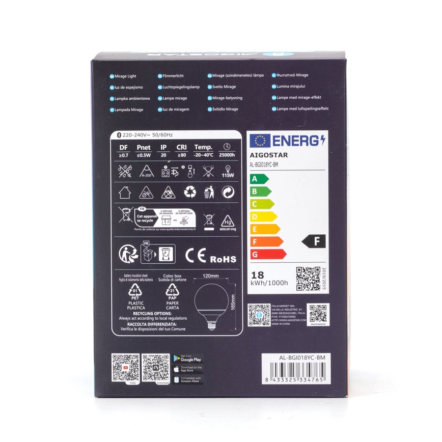 Λάμπα LED RGBW Dimmable MESH G120 E27/18W/230V 6500K + τηλεχειριστήριο - Aigostar