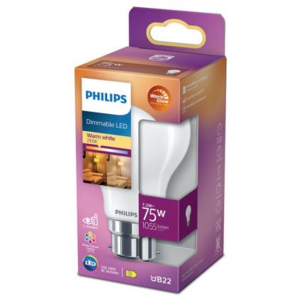 Λαμπτήρας Dimming LED Philips Warm Glow A60 B22/7,2W/230V 2200-2700K CRI 90