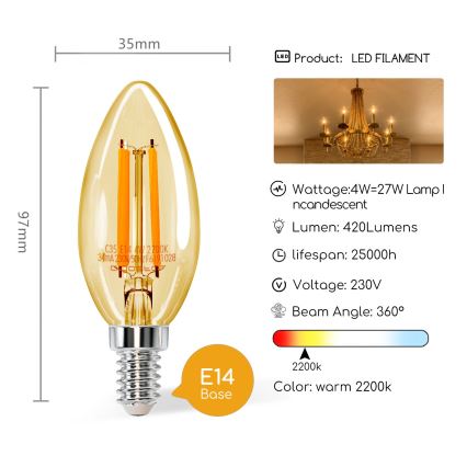 Λαμπτήρας LED C35 E14/4W/230V 2200K - Aigostar