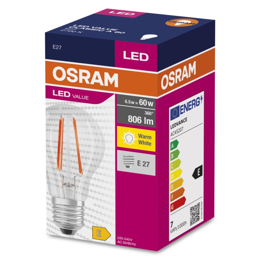 Λαμπτήρας LED FILAMENT A60 E27/6,5W/230V 2700K - Osram