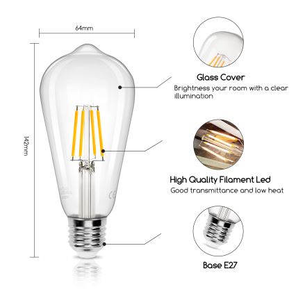 Λαμπτήρας LED FILAMENT ST64 E27/4W/230V 2700K - Aigostar