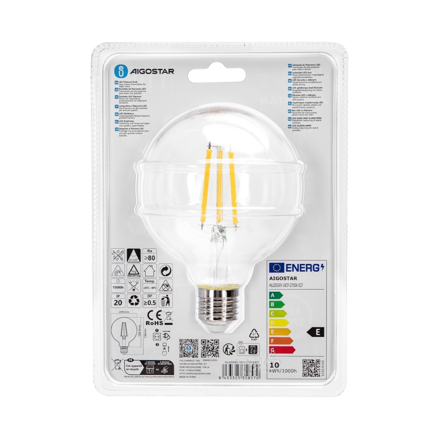Λαμπτήρας LED G95 E27/10W/230V 2700K - Aigostar