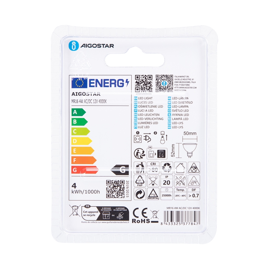 Λαμπτήρας LED MR16 GU5,3/4W/12V 4000K - Aigostar