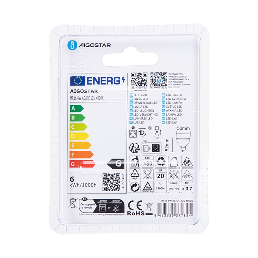 Λαμπτήρας LED MR16 GU5,3/6W/12V 4000K - Aigostar