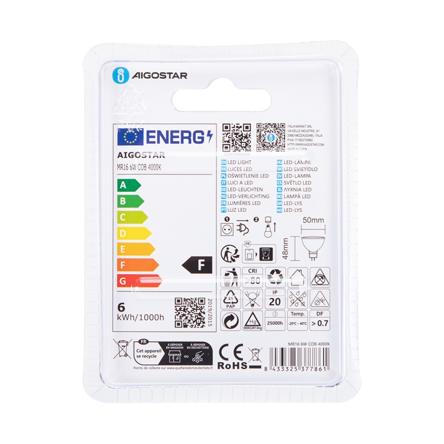 Λαμπτήρας LED MR16 GU5,3/6W/12V 4000K - Aigostar