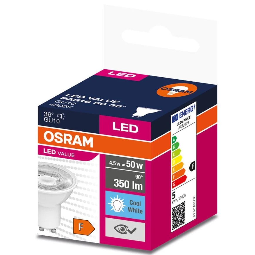 Λαμπτήρας LED VALUE PAR16 GU10/4,5W/230V 4000K 36° λευκό - Osram