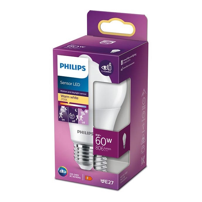 Λαμπτήρας LED με αισθητήρα Philips A60 E27/8W/230V 2700K