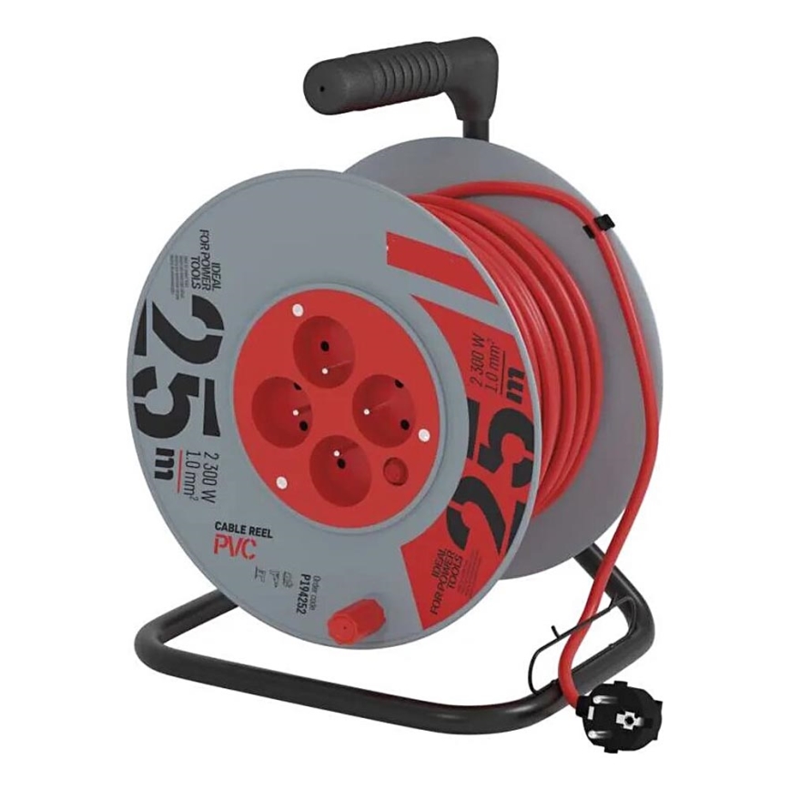 Μπαλαντέζα σε καρούλι με 4 πρίζες 25m γκρι/κόκκινο