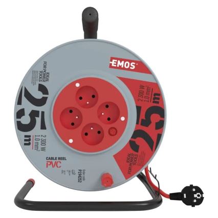 Μπαλαντέζα σε καρούλι με 4 πρίζες 25m γκρι/κόκκινο