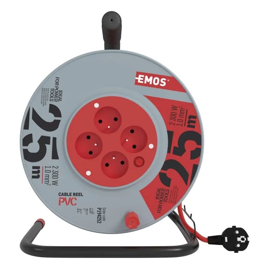 Μπαλαντέζα σε καρούλι με 4 πρίζες 25m γκρι/κόκκινο