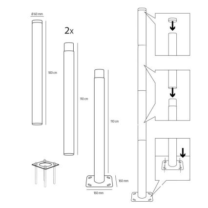 Μεταλλική ράβδος για στύλο εξωτερικού φωτισμού BASE, μήκος 4 m, διάμετρος 60 mm, μαύρη