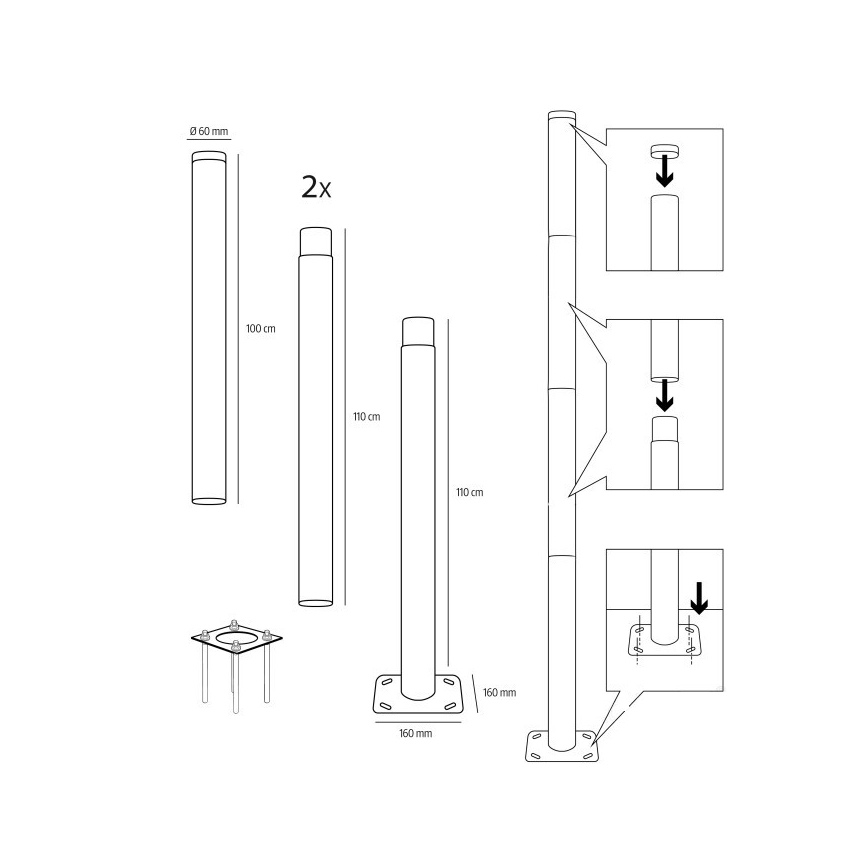 Μεταλλική ράβδος για στύλο εξωτερικού φωτισμού BASE, μήκος 4 m, διάμετρος 60 mm, μαύρη