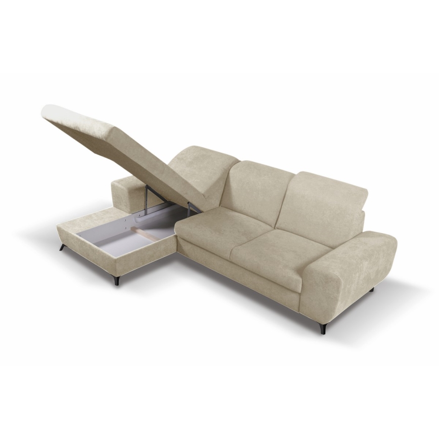 Πτυσσόμενος γωνιακός επενδεδυμένος καναπές-κρεβάτι ALTA σε σχήμα L, αριστερός, μπεζ με αποθηκευτικό χώρο