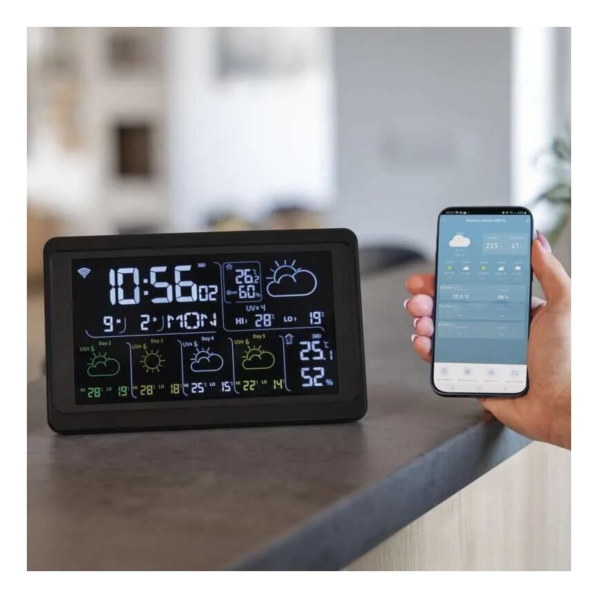 Μετεωρολογικός σταθμός GoSmart με οθόνη LCD, 230V/3xAAA + 2×AAA, Wi‑Fi Tuya, μαύρος