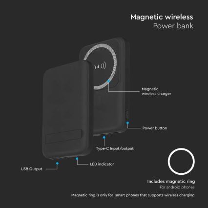 Μαγνητικό Power Bank με ασύρματη φόρτιση Power Delivery 10 000mAh/20W/3,7V μαύρο