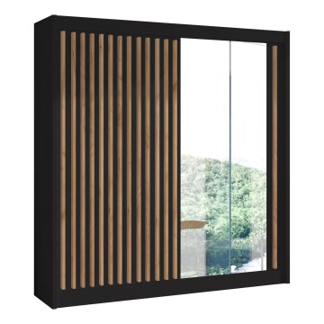 Ντουλάπα ρούχων με καθρέφτη SANTINO 203x215x61 cm μαύρη/δρυς craft
