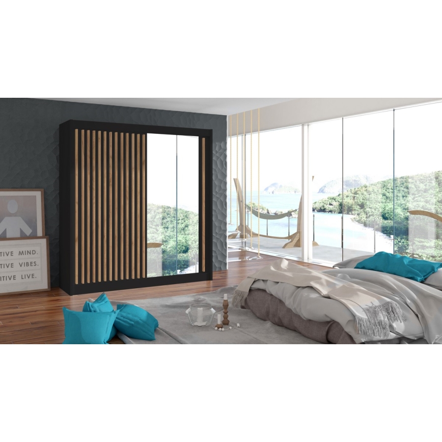 Ντουλάπα ρούχων με καθρέφτη SANTINO 203x215x61 cm μαύρη/δρυς craft