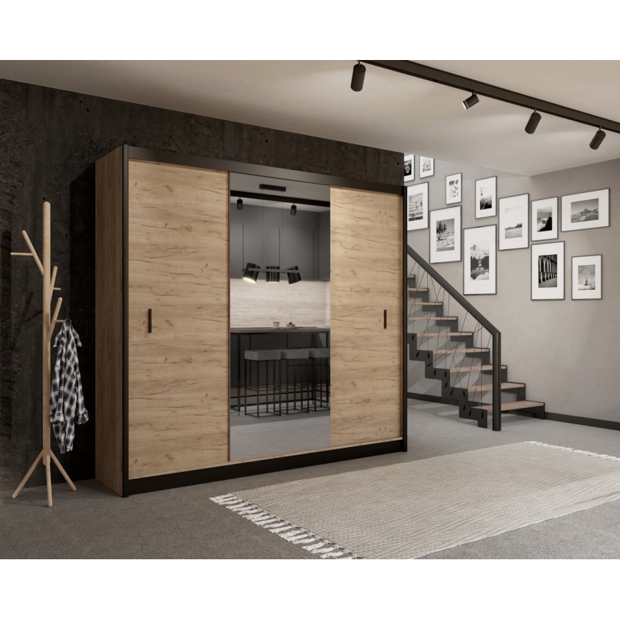 Ντουλάπα με καθρέφτη MIRO 250x215 εκ. δρυς craft/μαύρο
