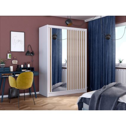 Ντουλάπα με καθρέπτη SANTINO 150x215 cm λευκή/βελανιδιά craft