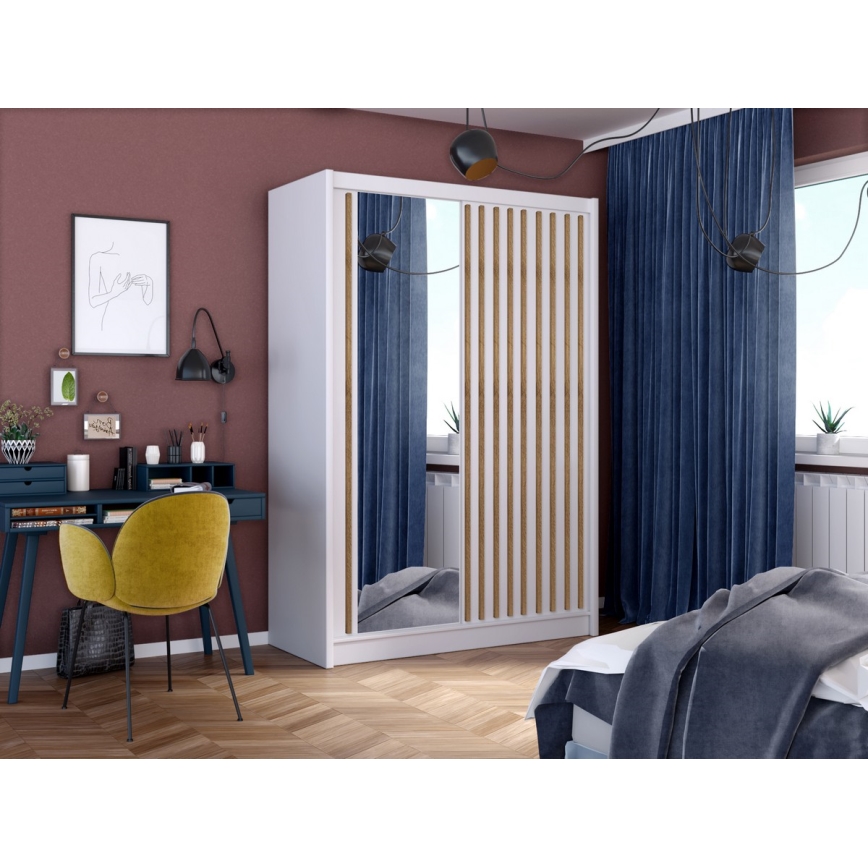 Ντουλάπα με καθρέπτη SANTINO 150x215 cm λευκή/βελανιδιά craft