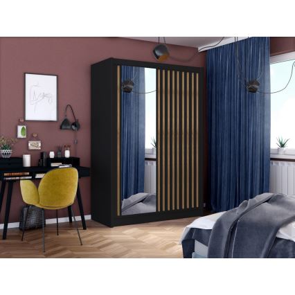 Ντουλάπα με καθρέφτη SANTINO 150x215 cm μαύρη/δρυς craft