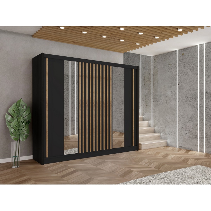 Ντουλάπα με καθρέφτη SANTINO 250x215 cm μαύρη/δρυς craft